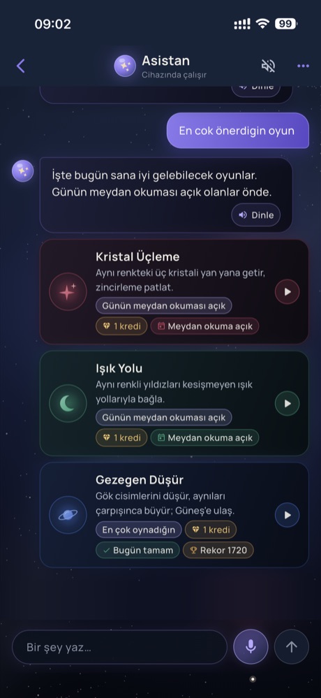 Asistan ekranı: “En çok önerdiğin oyun” sorusuna Kristal Üçleme, Işık Yolu ve Gezegen Düşür önerileri