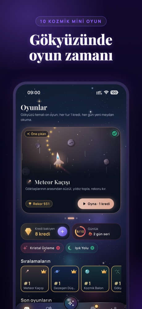 Gökyüzünde oyun zamanı: Oyunlar ekranı, öne çıkan Meteor Kaçışı ve kredi bakiyesi